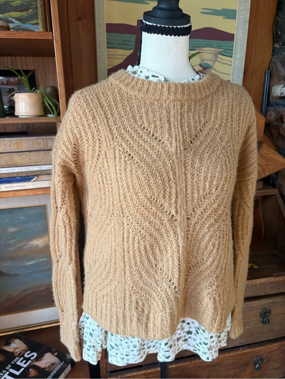Camel Cable Knit Madewell Crew Neck Sweater XXS